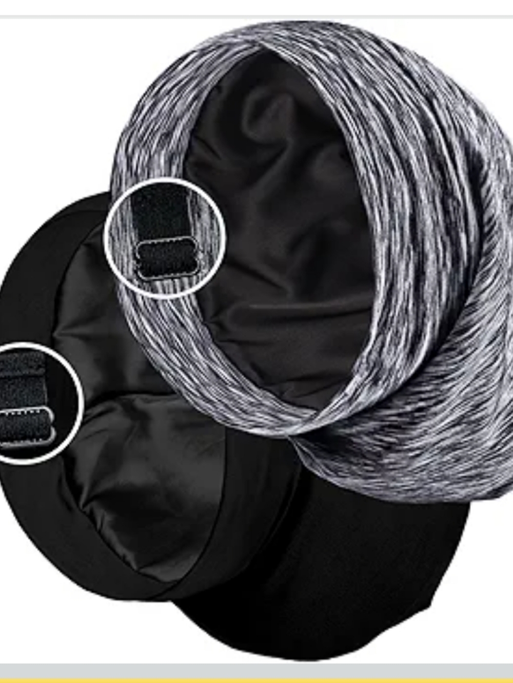 Adjustable Black & Gray Satin-Lined Sleep Cap for Women & Men